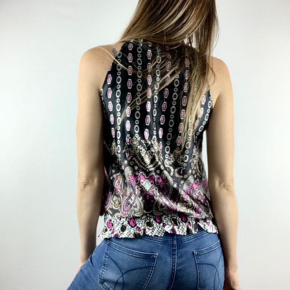 ROMY |💜 Paisley Satin Ruched Sleeveless Ruffle Top - Picture 3 of 8